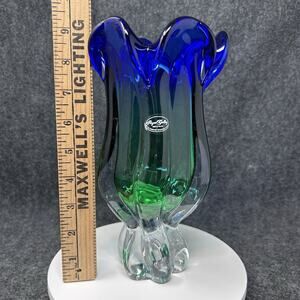 Vintage 1999 Royal Gallery Art Glass Flower Vase Blue Green Ombre Heavy POLAND